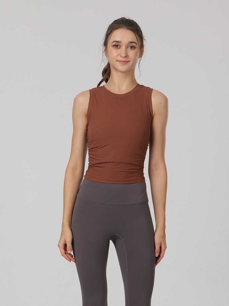 Ribbed Double-Sided Ruched Slim-Fit Sleeveless Sports Quick-Dry Yoga Tank Top With Backless Design - Image 2